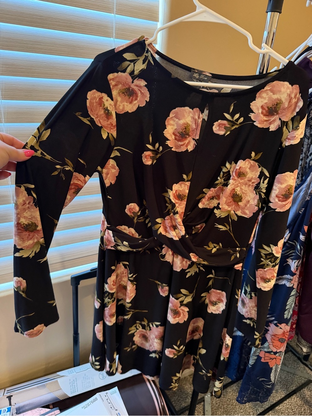 Lily Rose Black Dress with Pink Floral Print - Long Sleeve